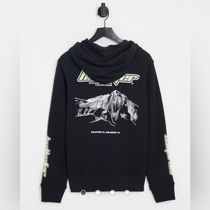 Hollister outdoors logo sleeve & back print hoodie in black Sz L